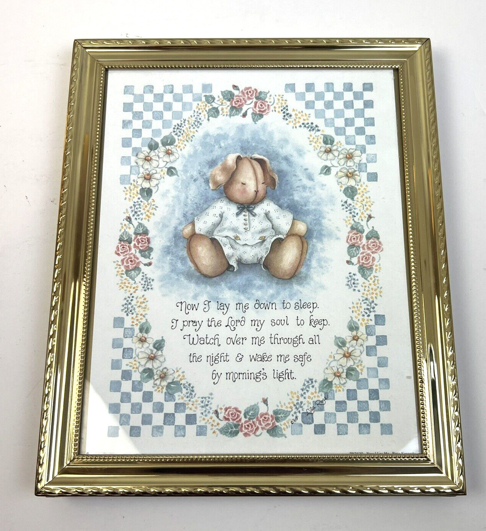 Nursery Nighttime Prayer Framed 9 x 11 Bunny Rabbit Blue Pink Baby Gift